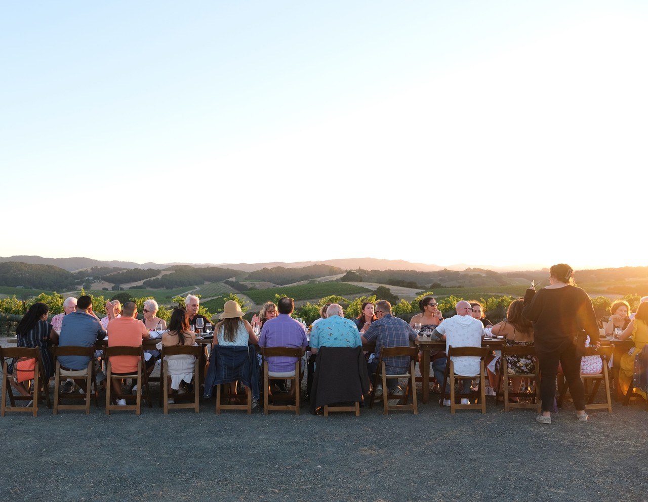A group of people seated at a table on top of a hilltop vineyard