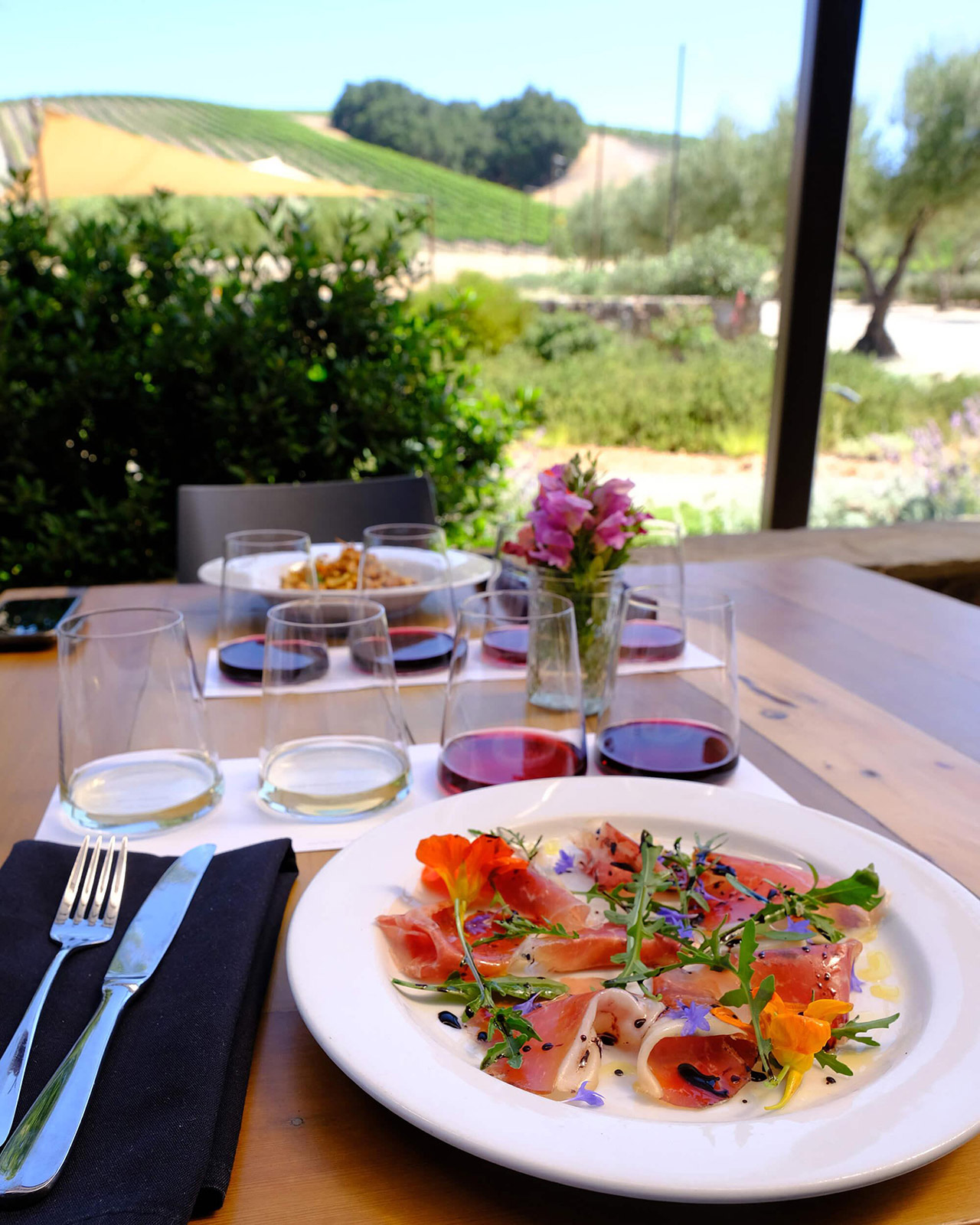 Lunch place setting with wine pairing