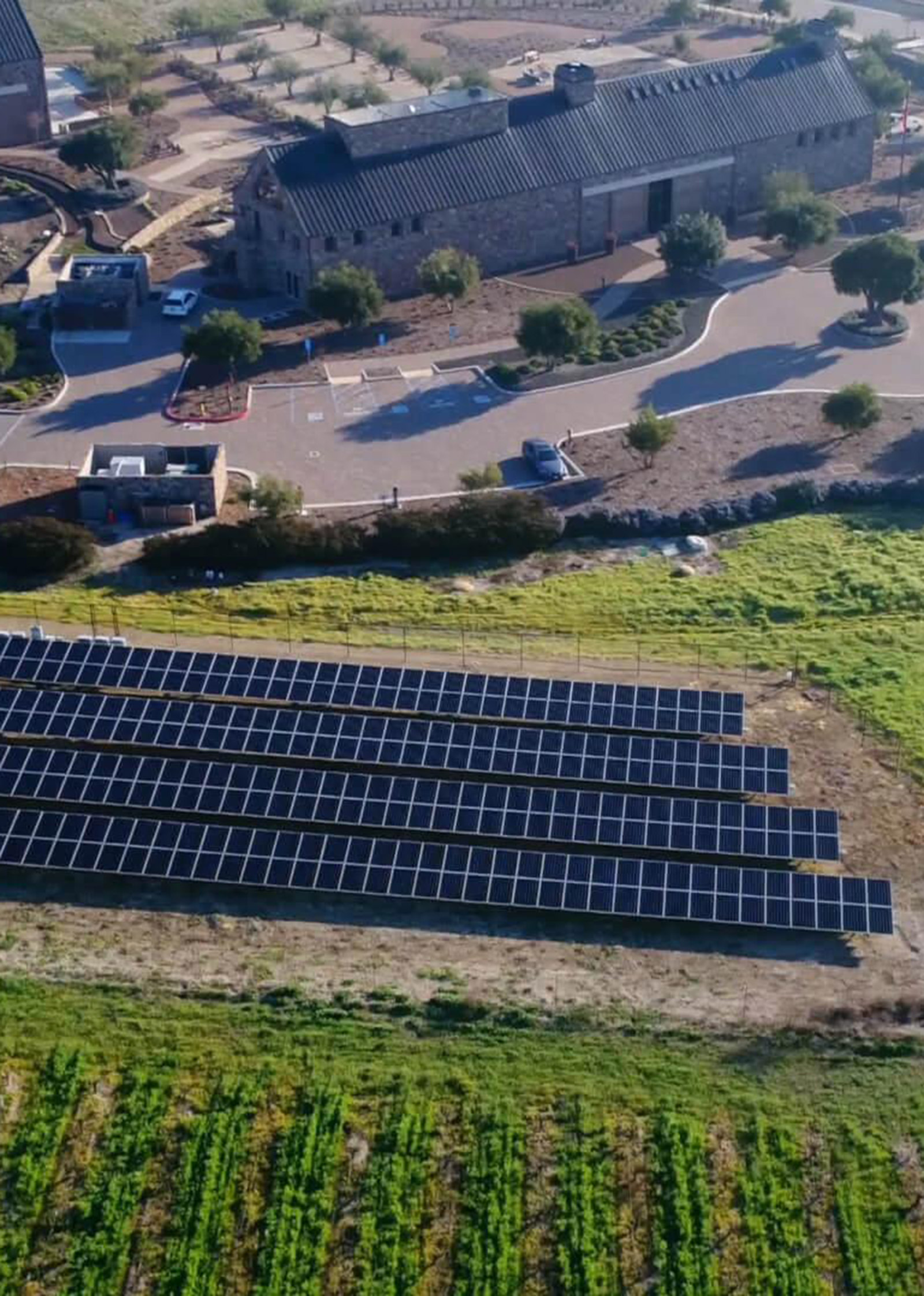 Aerial view of the Niner tasting room and solar panels