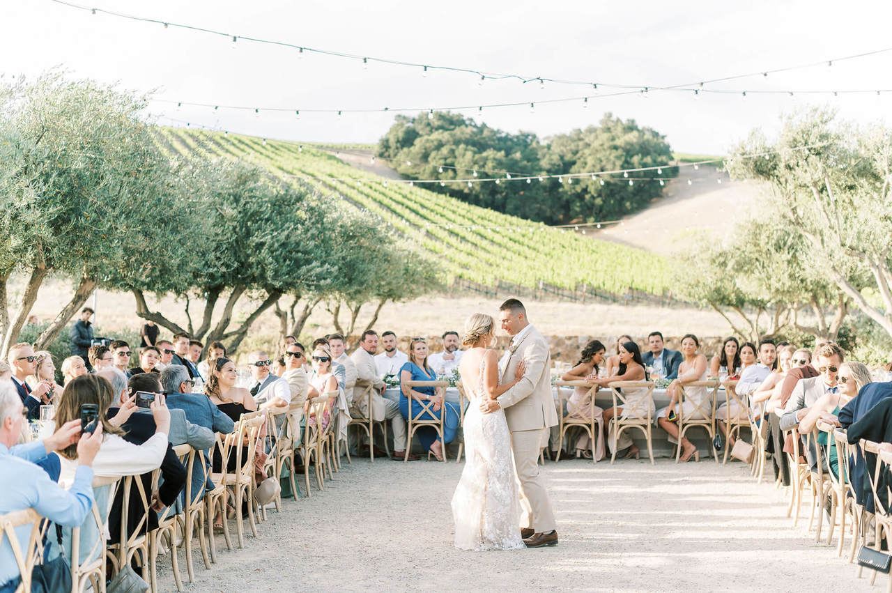 A wedding party sitting at tables in the Olive Grove looking at Heart Hill Vineyard